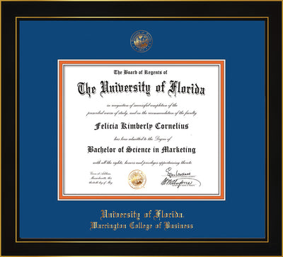 Image of University of Florida Diploma Frame - Honors Black Satin - w/UF Embossed Seal & College of Business Name - Royal Blue on Orange mat