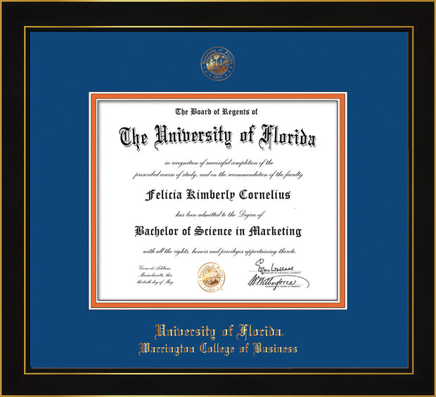 Image of University of Florida Diploma Frame - Honors Black Satin - w/UF Embossed Seal & College of Business Name - Royal Blue on Orange mat