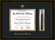 Image of University of Florida Diploma Frame - Honors Black Satin - w/UF Embossed Seal & Name - Tassel Holder - Black on Gold mat