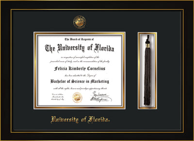 Image of University of Florida Diploma Frame - Honors Black Satin - w/UF Embossed Seal & Name - Tassel Holder - Black on Gold mat