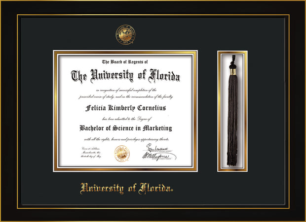 Image of University of Florida Diploma Frame - Honors Black Satin - w/UF Embossed Seal & Name - Tassel Holder - Black on Gold mat