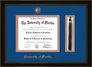 Image of University of Florida Diploma Frame - Honors Black Satin - w/UF Embossed Seal & Name - Tassel Holder - Royal Blue on Orange mat