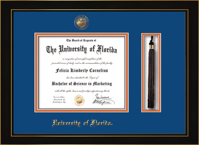 Image of University of Florida Diploma Frame - Honors Black Satin - w/UF Embossed Seal & Name - Tassel Holder - Royal Blue on Orange mat