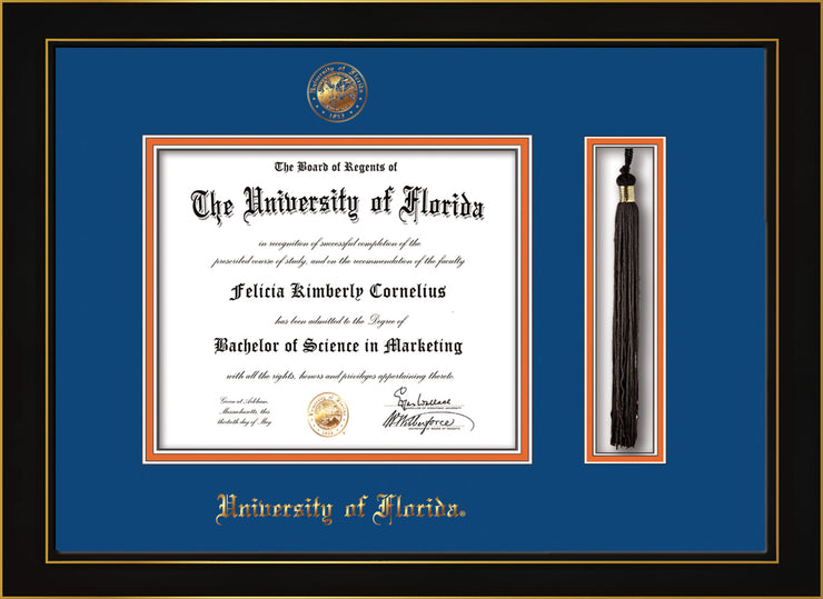 Image of University of Florida Diploma Frame - Honors Black Satin - w/UF Embossed Seal & Name - Tassel Holder - Royal Blue on Orange mat