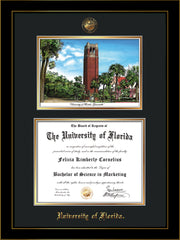 Image of University of Florida Diploma Frame - Honors Black Satin - w/UF Embossed Seal & Name - Campus Watercolor - Black on Gold mat