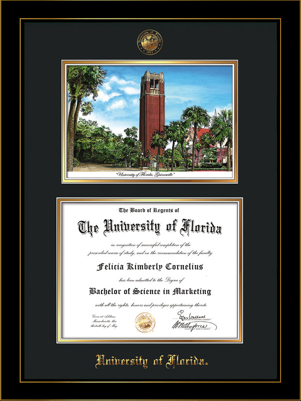 Image of University of Florida Diploma Frame - Honors Black Satin - w/UF Embossed Seal & Name - Campus Watercolor - Black on Gold mat