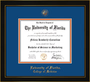 Image of University of Florida Diploma Frame - Vintage Black Scoop - w/UF Embossed Seal & College of Medicine Name - Royal Blue on Orange mat