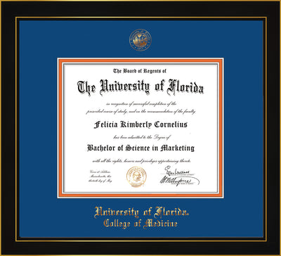 Image of University of Florida Diploma Frame - Vintage Black Scoop - w/UF Embossed Seal & College of Medicine Name - Royal Blue on Orange mat