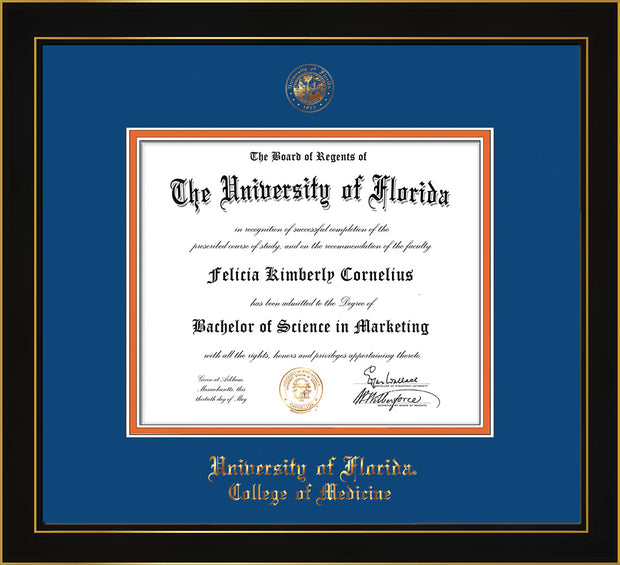 Image of University of Florida Diploma Frame - Vintage Black Scoop - w/UF Embossed Seal & College of Medicine Name - Royal Blue on Orange mat