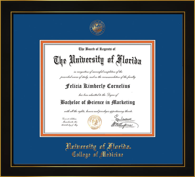 Image of University of Florida Diploma Frame - Vintage Black Scoop - w/UF Embossed Seal & College of Medicine Name - Royal Blue on Orange mat