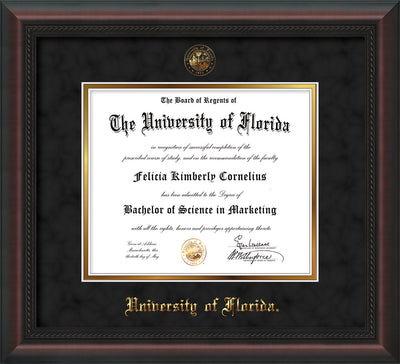 Image of University of Florida Diploma Frame - Mahogany Braid - w/UF Embossed Seal & Name - Black Suede on Gold mat