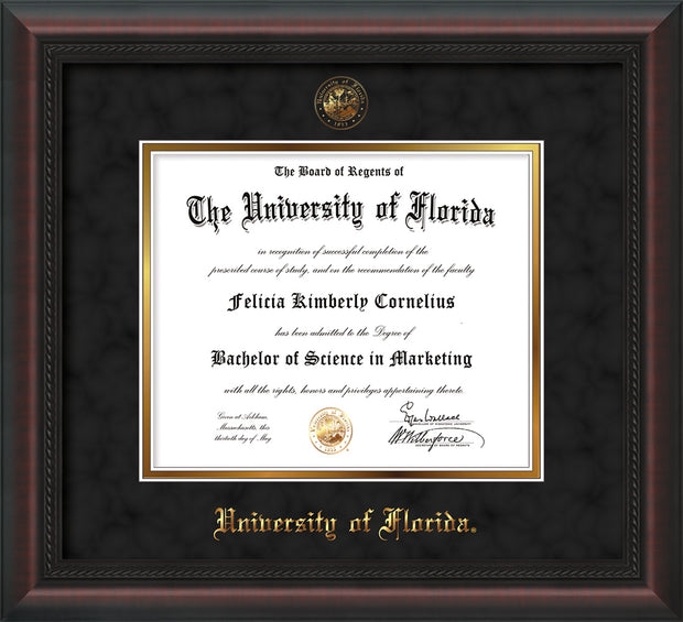 Image of University of Florida Diploma Frame - Mahogany Braid - w/UF Embossed Seal & Name - Black Suede on Gold mat
