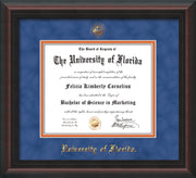 Image of University of Florida Diploma Frame - Mahogany Braid - w/UF Embossed Seal & Name - Royal Blue Suede on Orange mat