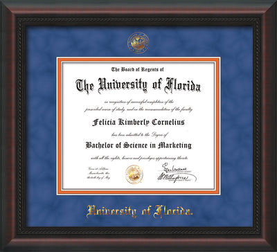 Image of University of Florida Diploma Frame - Mahogany Braid - w/UF Embossed Seal & Name - Royal Blue Suede on Orange mat