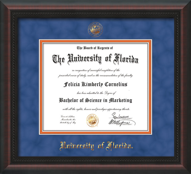 Image of University of Florida Diploma Frame - Mahogany Braid - w/UF Embossed Seal & Name - Royal Blue Suede on Orange mat