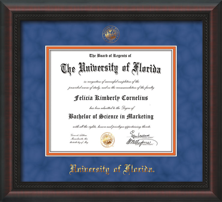 Image of University of Florida Diploma Frame - Mahogany Braid - w/UF Embossed Seal & Name - Royal Blue Suede on Orange mat