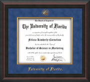 Image of University of Florida Diploma Frame - Mahogany Braid - w/Embossed UF Seal & Name - Fillet - Royal Blue Suede mat