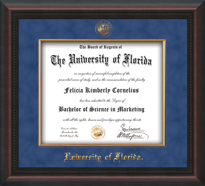 Image of University of Florida Diploma Frame - Mahogany Braid - w/Embossed UF Seal & Name - Fillet - Royal Blue Suede mat