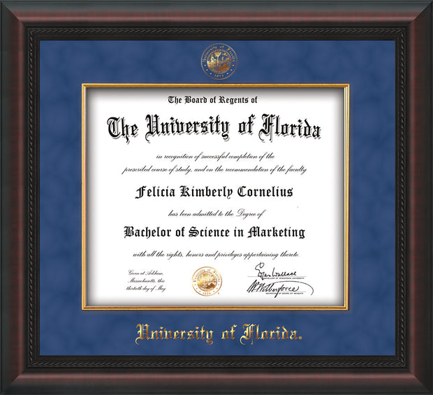 Image of University of Florida Diploma Frame - Mahogany Braid - w/Embossed UF Seal & Name - Fillet - Royal Blue Suede mat