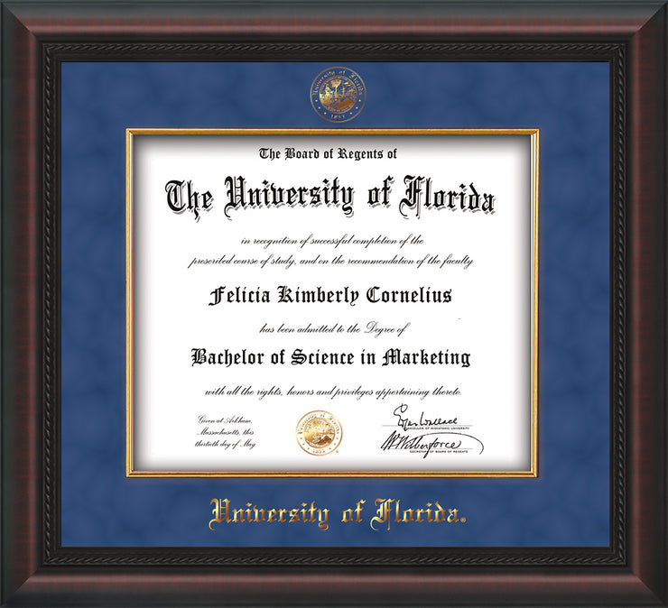 Image of University of Florida Diploma Frame - Mahogany Braid - w/Embossed UF Seal & Name - Fillet - Royal Blue Suede mat