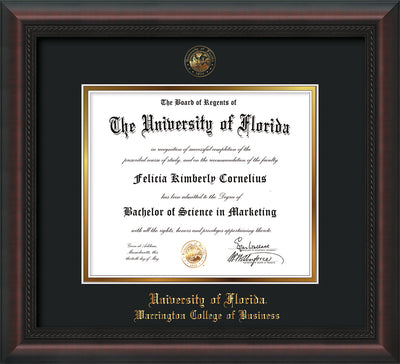 Image of University of Florida Diploma Frame - Mahogany Braid - w/UF Embossed Seal & College of Business Name - Black on Gold mat