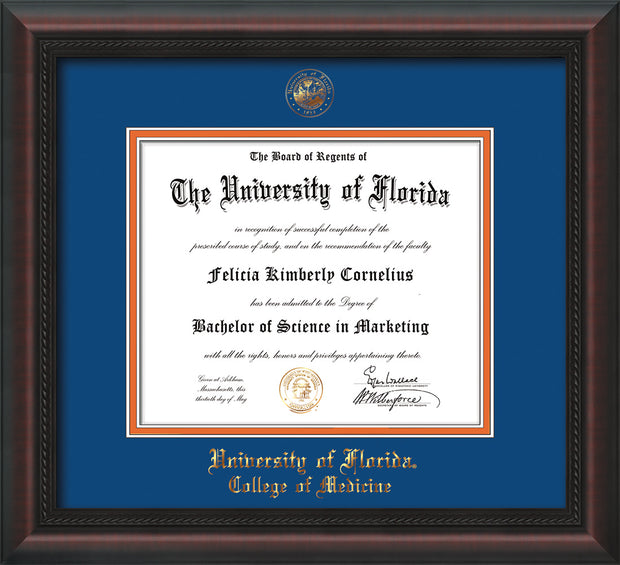Image of University of Florida Diploma Frame - Mahogany Braid - w/UF Embossed Seal & College of Medicine Name - Royal Blue on Orange mat