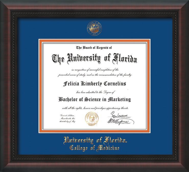 Image of University of Florida Diploma Frame - Mahogany Braid - w/UF Embossed Seal & College of Medicine Name - Royal Blue on Orange mat