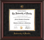 Image of University of Florida Diploma Frame - Mahogany Lacquer - w/UF Embossed Seal & Name - Black Suede on Gold mat