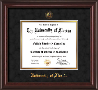 Image of University of Florida Diploma Frame - Mahogany Lacquer - w/UF Embossed Seal & Name - Black Suede on Gold mat