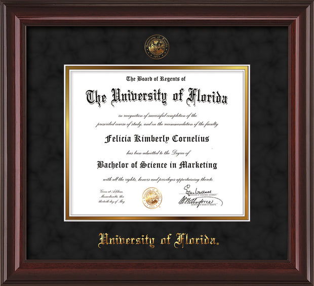 Image of University of Florida Diploma Frame - Mahogany Lacquer - w/UF Embossed Seal & Name - Black Suede on Gold mat