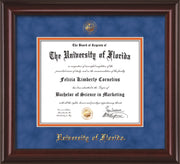 Image of University of Florida Diploma Frame - Mahogany Lacquer - w/UF Embossed Seal & Name - Royal Blue Suede on Orange mat