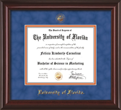 Image of University of Florida Diploma Frame - Mahogany Lacquer - w/UF Embossed Seal & Name - Royal Blue Suede on Orange mat