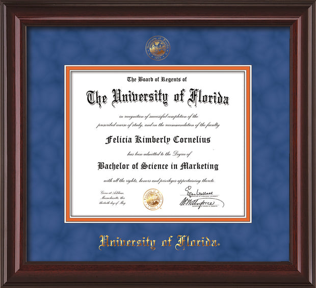 Image of University of Florida Diploma Frame - Mahogany Lacquer - w/UF Embossed Seal & Name - Royal Blue Suede on Orange mat
