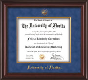 Image of University of Florida Diploma Frame - Mahogany Lacquer - w/Embossed UF Seal & Name - Fillet - Royal Blue Suede mat