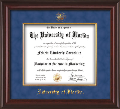 Image of University of Florida Diploma Frame - Mahogany Lacquer - w/Embossed UF Seal & Name - Fillet - Royal Blue Suede mat