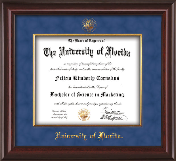 Image of University of Florida Diploma Frame - Mahogany Lacquer - w/Embossed UF Seal & Name - Fillet - Royal Blue Suede mat