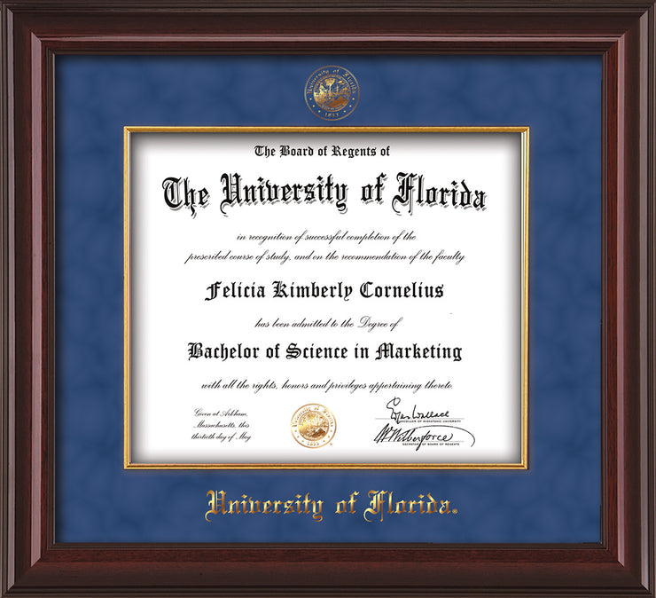 Image of University of Florida Diploma Frame - Mahogany Lacquer - w/Embossed UF Seal & Name - Fillet - Royal Blue Suede mat