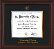 Image of University of Florida Diploma Frame - Mahogany Lacquer - w/UF Embossed Seal & College of Business Name - Black on Gold mat