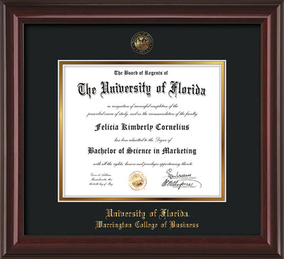 Image of University of Florida Diploma Frame - Mahogany Lacquer - w/UF Embossed Seal & College of Business Name - Black on Gold mat