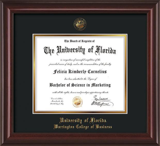 Image of University of Florida Diploma Frame - Mahogany Lacquer - w/UF Embossed Seal & College of Business Name - Black on Gold mat