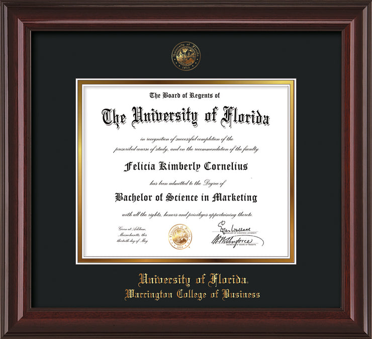 Image of University of Florida Diploma Frame - Mahogany Lacquer - w/UF Embossed Seal & College of Business Name - Black on Gold mat