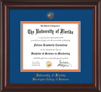 Image of University of Florida Diploma Frame - Mahogany Lacquer - w/UF Embossed Seal & College of Business Name - Royal Blue on Orange mat