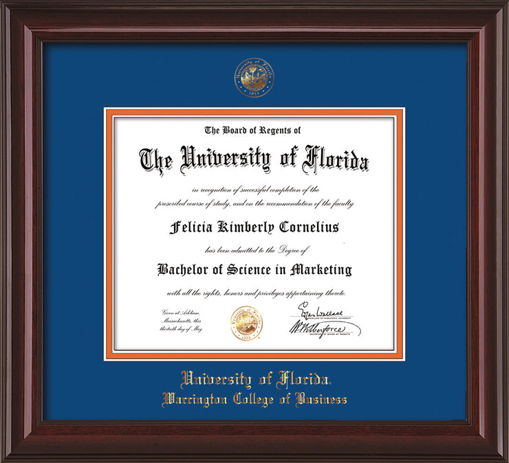 Image of University of Florida Diploma Frame - Mahogany Lacquer - w/UF Embossed Seal & College of Business Name - Royal Blue on Orange mat