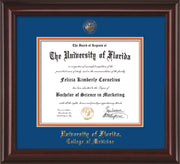 Image of University of Florida Diploma Frame - Mahogany Lacquer - w/UF Embossed Seal & College of Medicine Name - Royal Blue on Orange mat