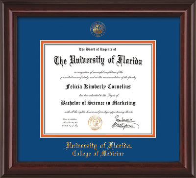 Image of University of Florida Diploma Frame - Mahogany Lacquer - w/UF Embossed Seal & College of Medicine Name - Royal Blue on Orange mat