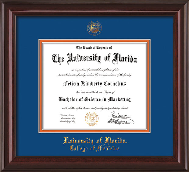 Image of University of Florida Diploma Frame - Mahogany Lacquer - w/UF Embossed Seal & College of Medicine Name - Royal Blue on Orange mat