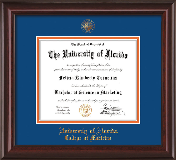 Image of University of Florida Diploma Frame - Mahogany Lacquer - w/UF Embossed Seal & College of Medicine Name - Royal Blue on Orange mat