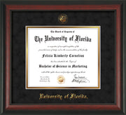 Image of University of Florida Diploma Frame - Rosewood - w/UF Embossed Seal & Name - Black Suede on Gold mat