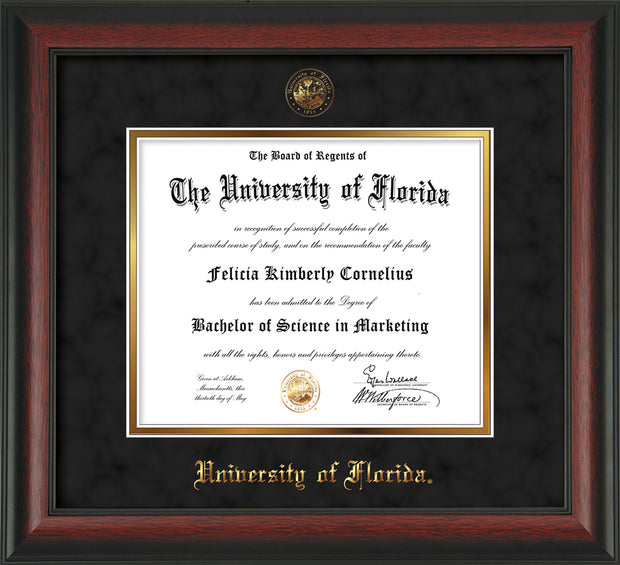 Image of University of Florida Diploma Frame - Rosewood - w/UF Embossed Seal & Name - Black Suede on Gold mat