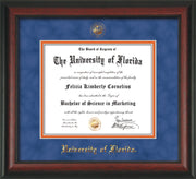 Image of University of Florida Diploma Frame - Rosewood - w/UF Embossed Seal & Name - Royal Blue Suede on Orange mat